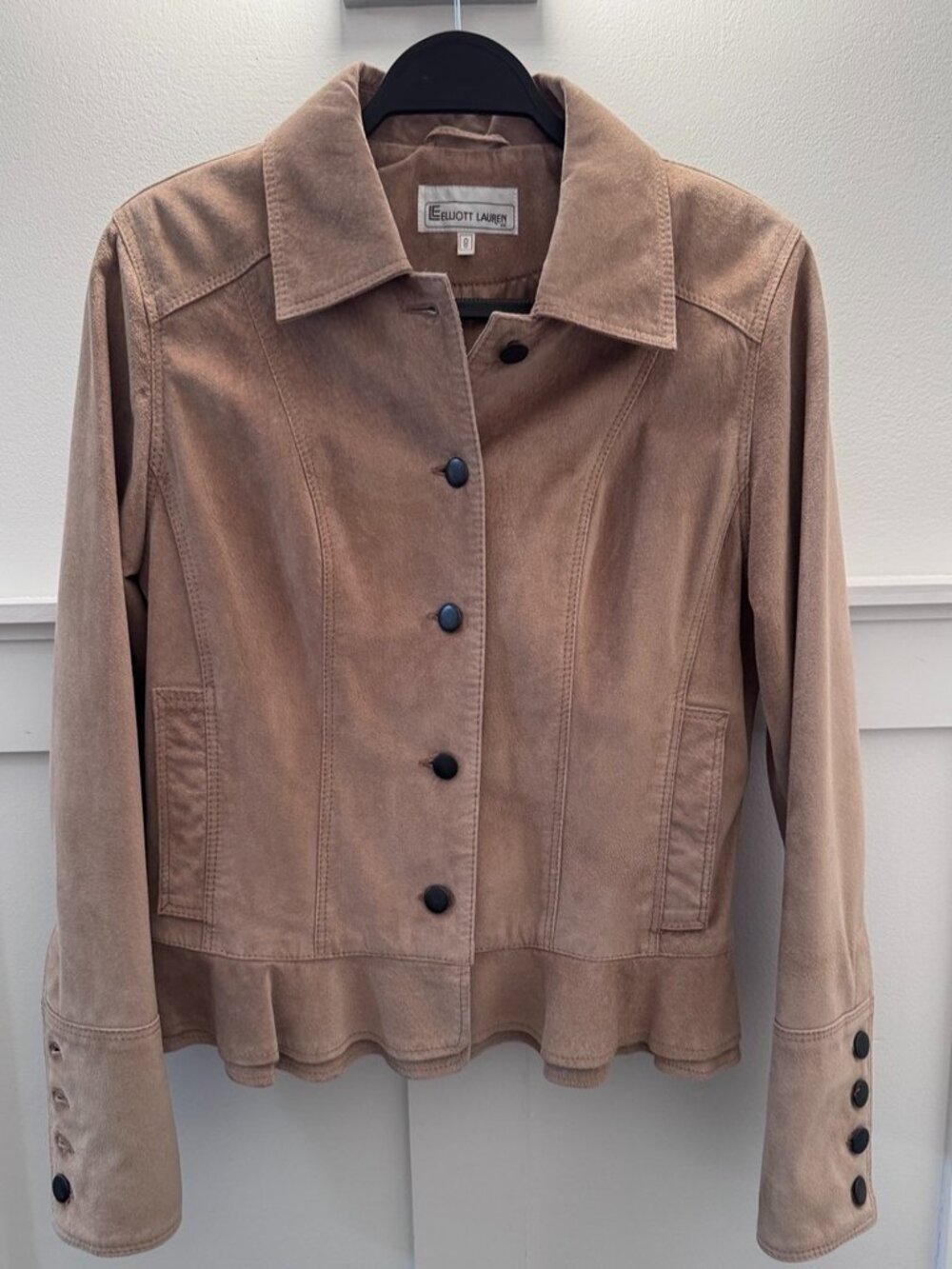 Elliott Lauren Tan Suede Jacket Button Front Cropped Blazer Size 8, Excellent